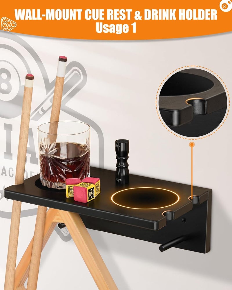 EXTCCT Wall Mounted Cue Holder - Hardwood Billiard Cue Rest and Drink Holder with Chalk Holder 11 x 6.3 x 4.1 Inches (Black) - Image 4